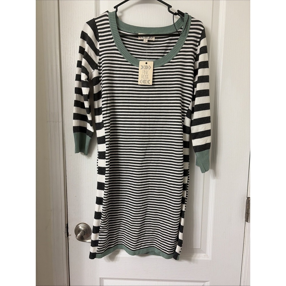 NWT Pink Rose Striped Grey White And Green Sweater Dress Size Extra Large